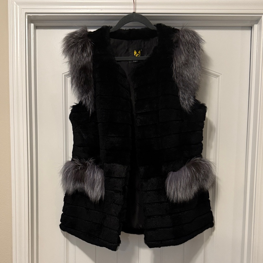 Black Real Fur Vest with Gray Accents